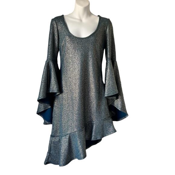 Venus Party Dress Medium Teal & Metallic Gold Asymmetrical Flare Sleeve Holiday - Picture 13 of 16